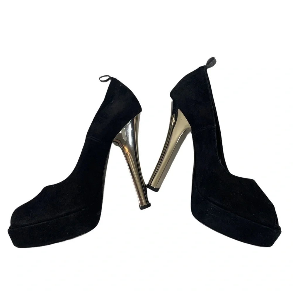 Ernesto Esposito black suede peep toe platform heels 37.5